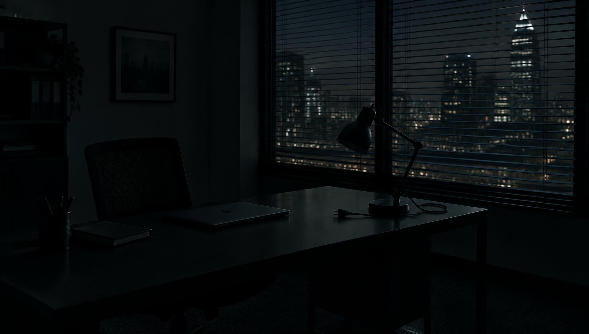 A dark desk in an empty office at night, a closed laptop and an unplugged lamp