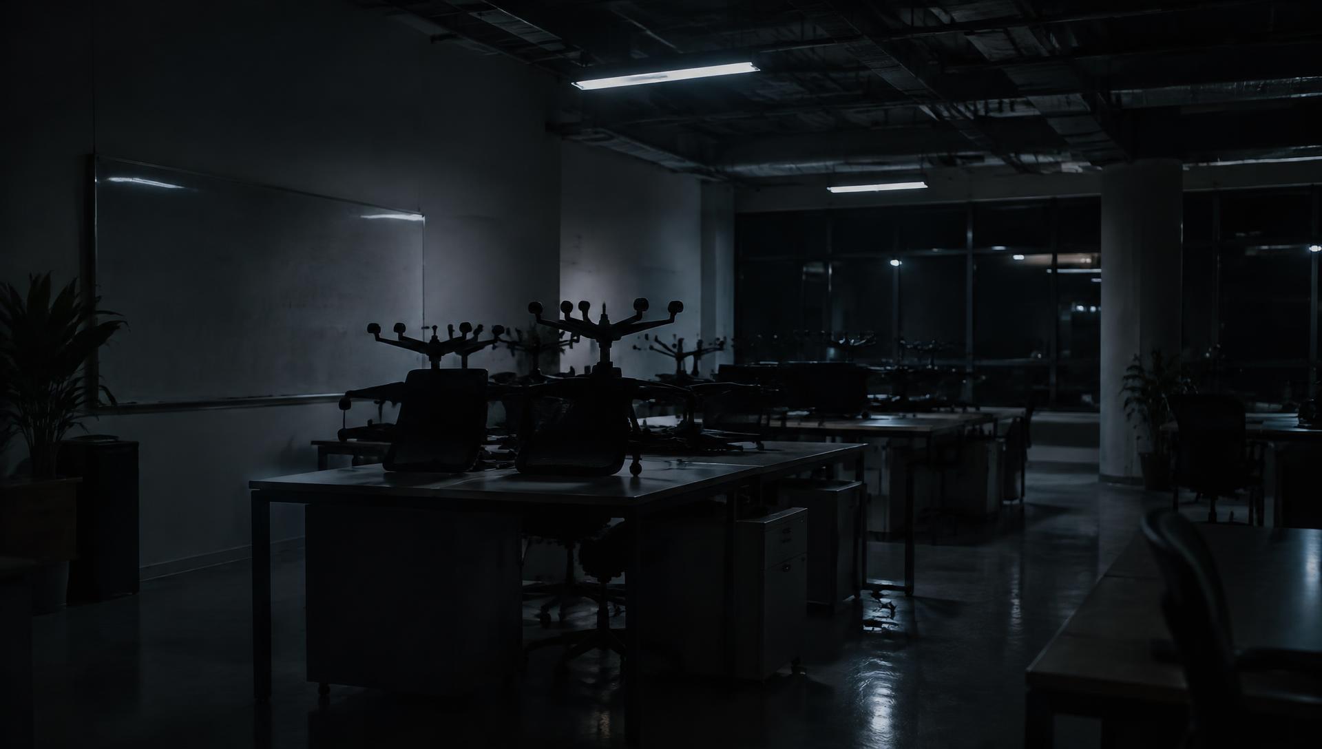An empty office after hours, chairs stacked on desks beside a wiped whiteboard